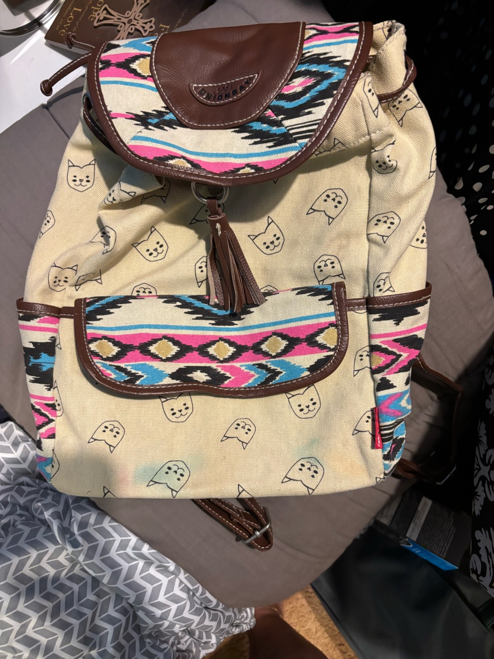 UNIONBAY Beige Canvas Backpack with Pink, Blue & Brown Accents